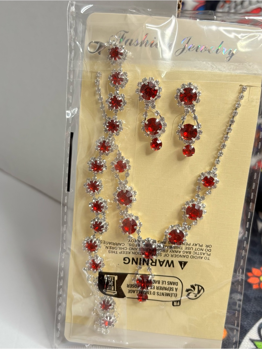 Silver-Tone Faux Ruby & Diamond Necklace ,Drop Earrings & Bracelet.